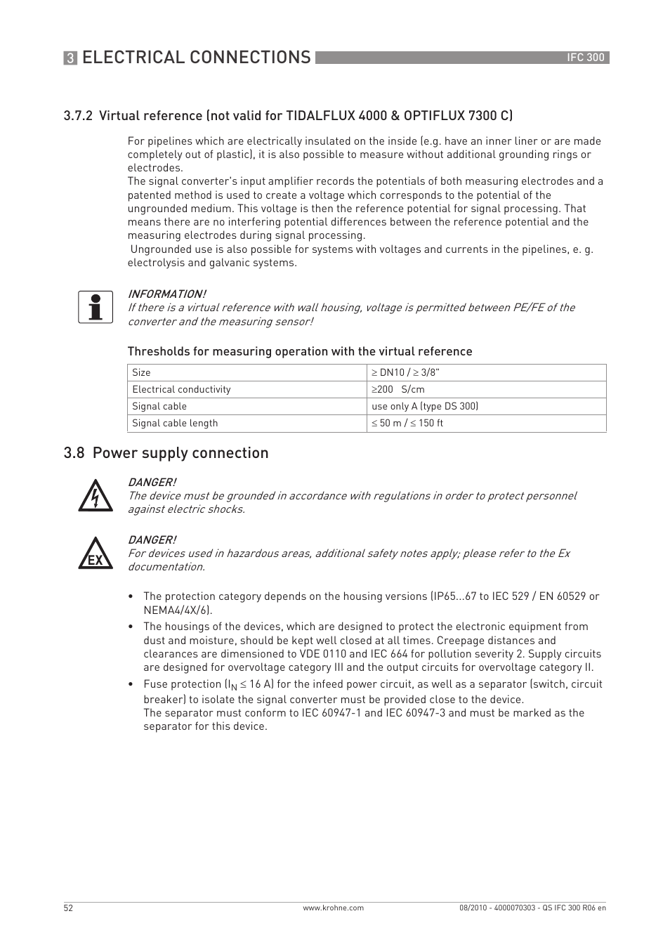 Electrical connections, 8 power supply connection | KROHNE IFC 300 Converter Quickstart EN User Manual | Page 52 / 68