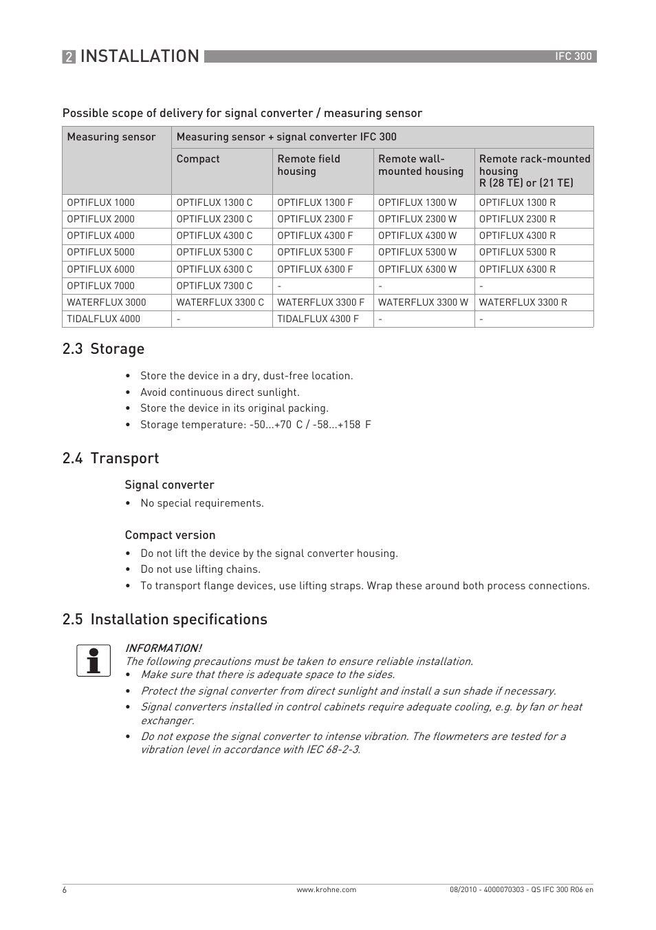 Installation, 3 storage, 4 transport | 5 installation specifications | KROHNE IFC 300 Converter Quickstart EN User Manual | Page 6 / 68