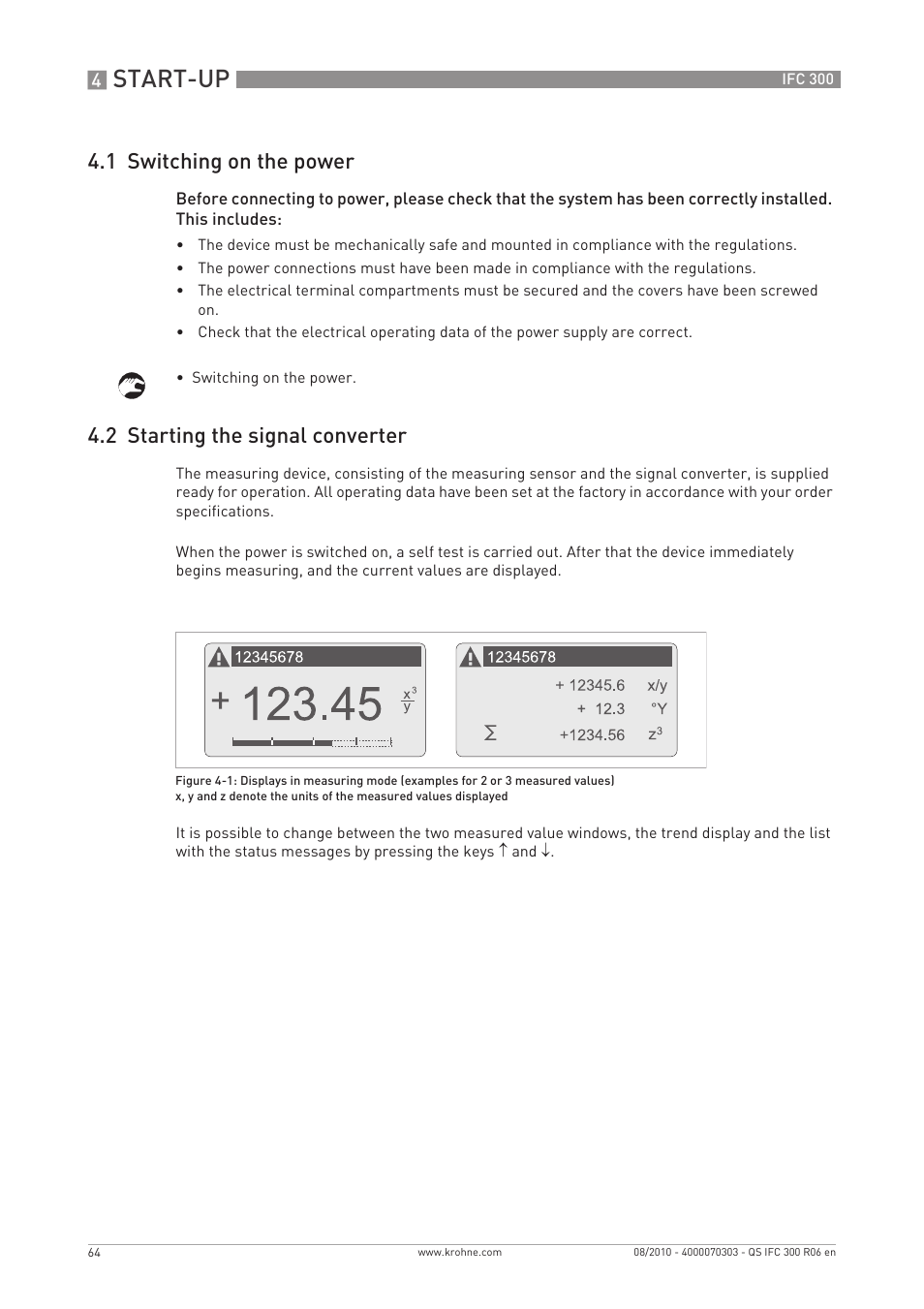 Start-up, 1 switching on the power, 2 starting the signal converter | KROHNE IFC 300 Converter Quickstart EN User Manual | Page 64 / 68