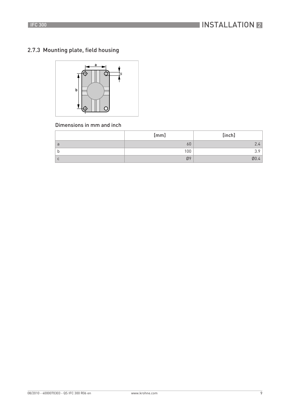 Installation, 3 mounting plate, field housing | KROHNE IFC 300 Converter Quickstart EN User Manual | Page 9 / 68