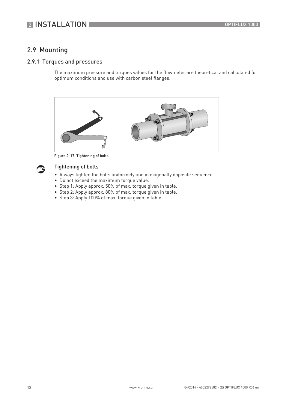 Installation, 9 mounting | KROHNE OPTIFLUX 1000 Quickstart EN User Manual | Page 12 / 20