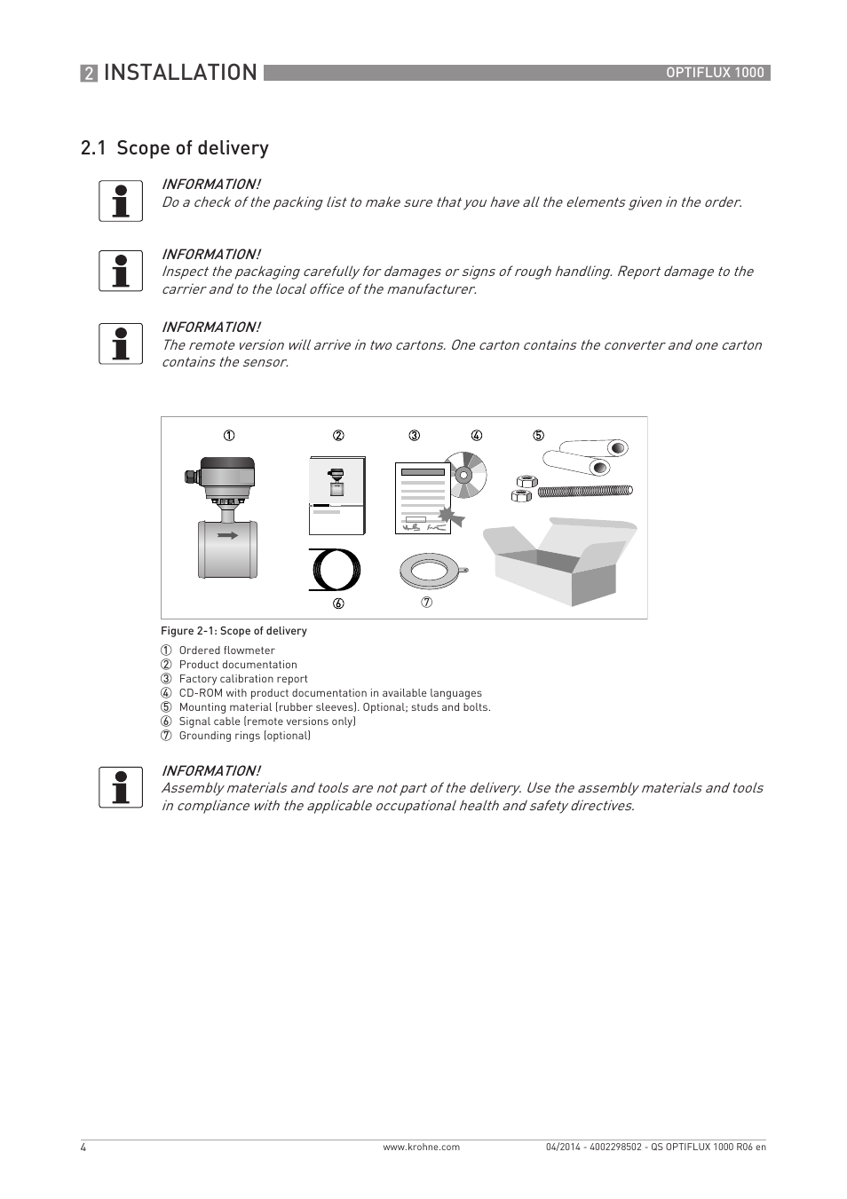 Installation, 1 scope of delivery | KROHNE OPTIFLUX 1000 Quickstart EN User Manual | Page 4 / 20