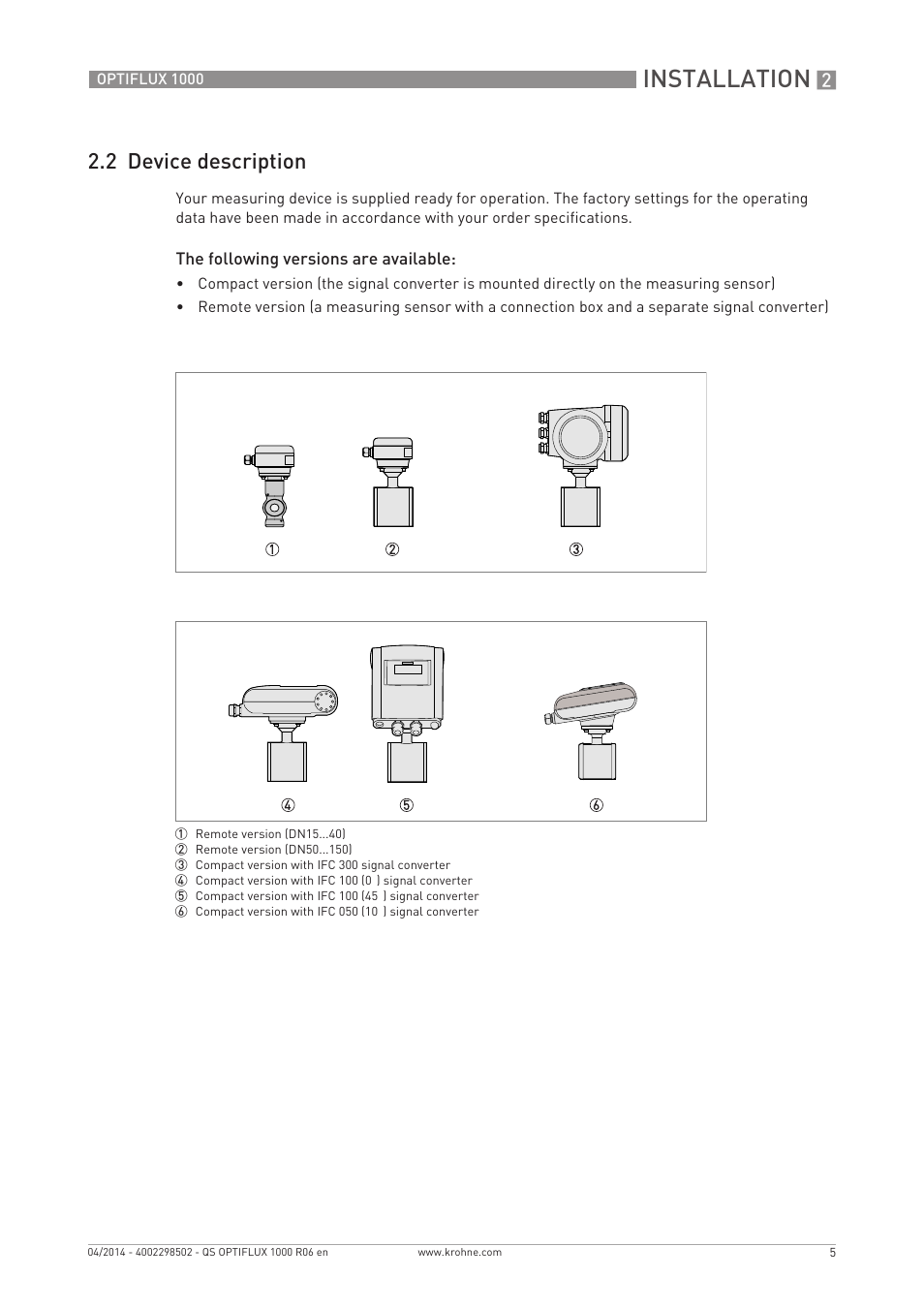 Installation, 2 device description | KROHNE OPTIFLUX 1000 Quickstart EN User Manual | Page 5 / 20