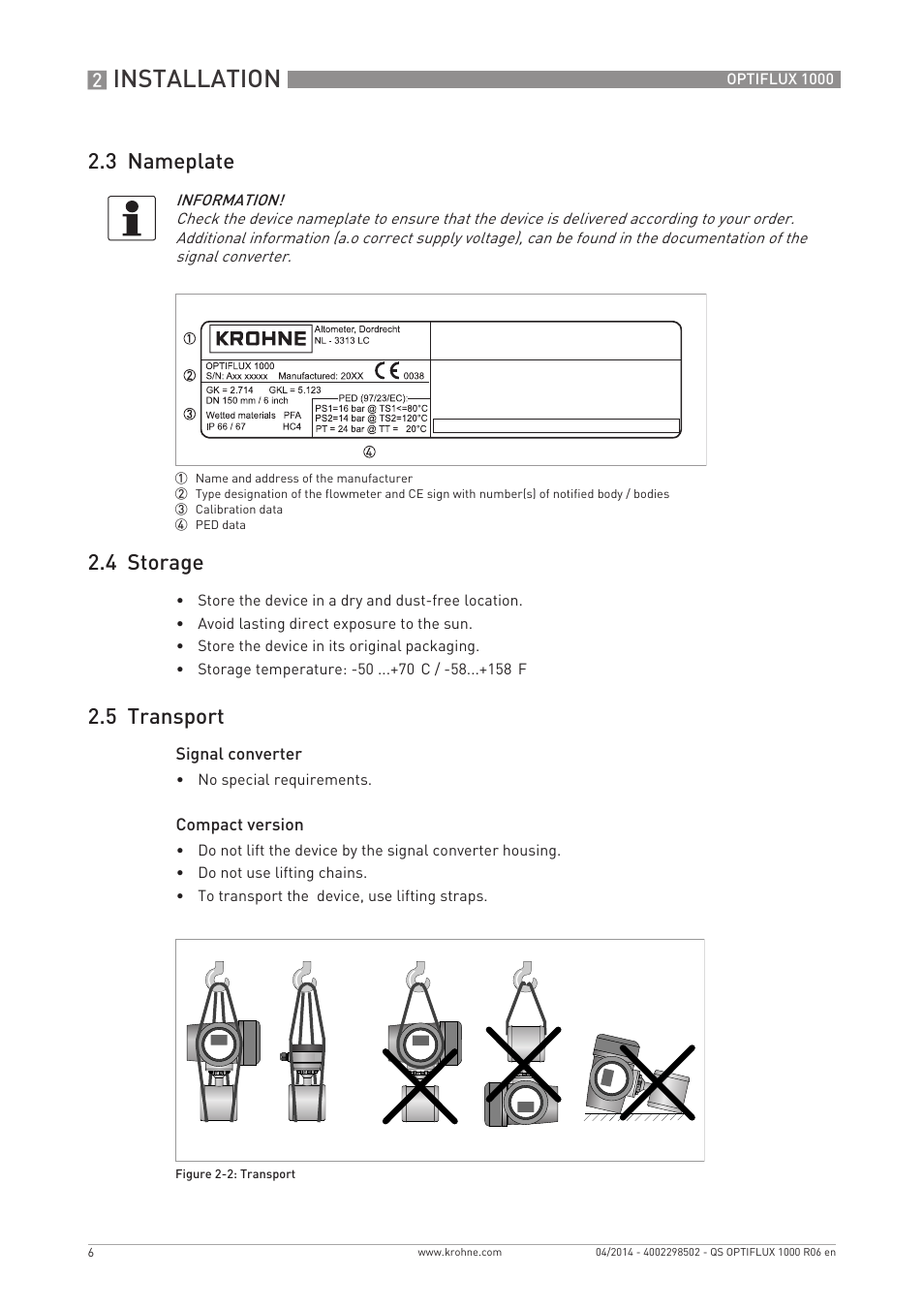 Installation, 3 nameplate 2.4 storage, 5 transport | KROHNE OPTIFLUX 1000 Quickstart EN User Manual | Page 6 / 20