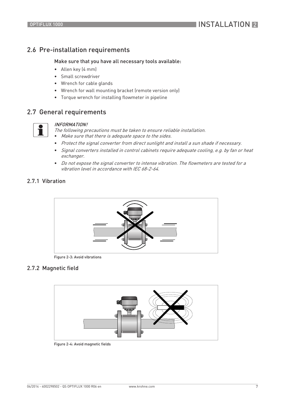 Installation, 6 pre-installation requirements, 7 general requirements | KROHNE OPTIFLUX 1000 Quickstart EN User Manual | Page 7 / 20