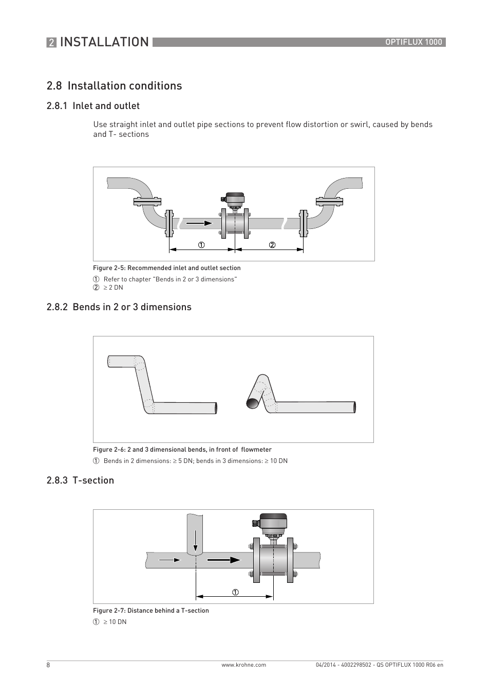 Installation, 8 installation conditions, 1 inlet and outlet | KROHNE OPTIFLUX 1000 Quickstart EN User Manual | Page 8 / 20