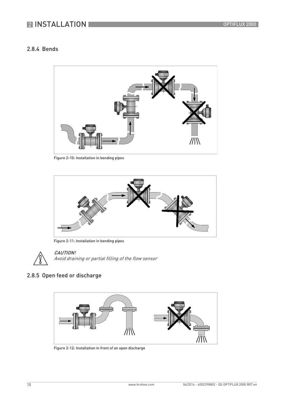 Installation, 4 bends 2.8.5 open feed or discharge | KROHNE OPTIFLUX 2000 Quickstart EN User Manual | Page 10 / 24