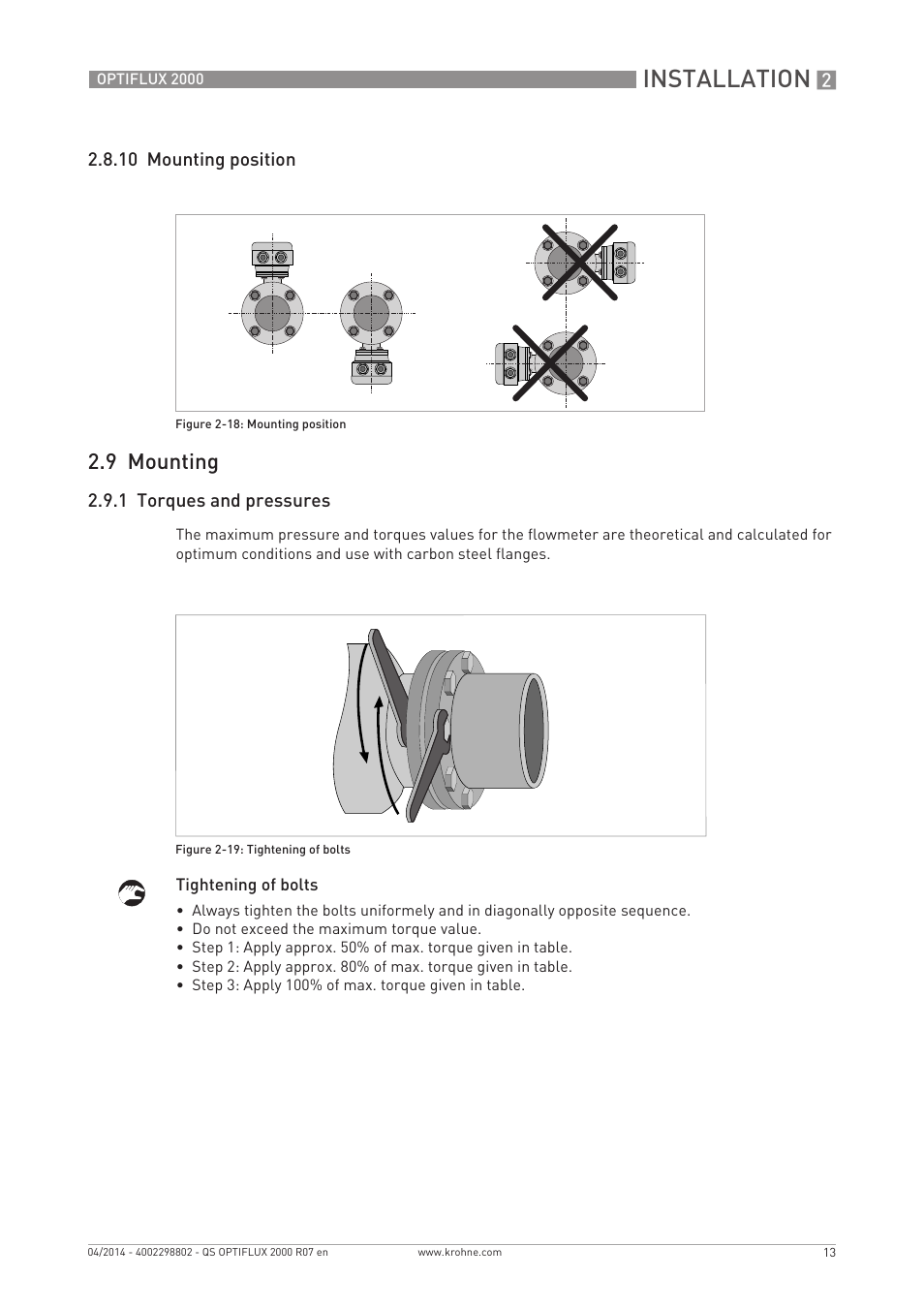 Installation, 9 mounting | KROHNE OPTIFLUX 2000 Quickstart EN User Manual | Page 13 / 24