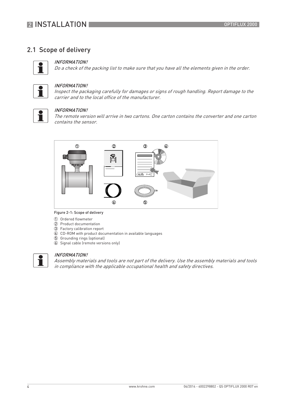 Installation, 1 scope of delivery | KROHNE OPTIFLUX 2000 Quickstart EN User Manual | Page 4 / 24