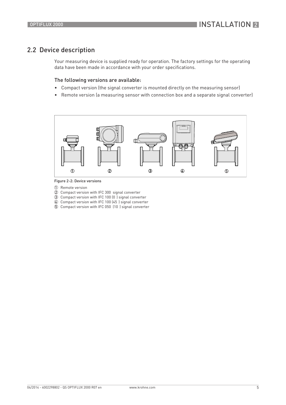 Installation, 2 device description | KROHNE OPTIFLUX 2000 Quickstart EN User Manual | Page 5 / 24