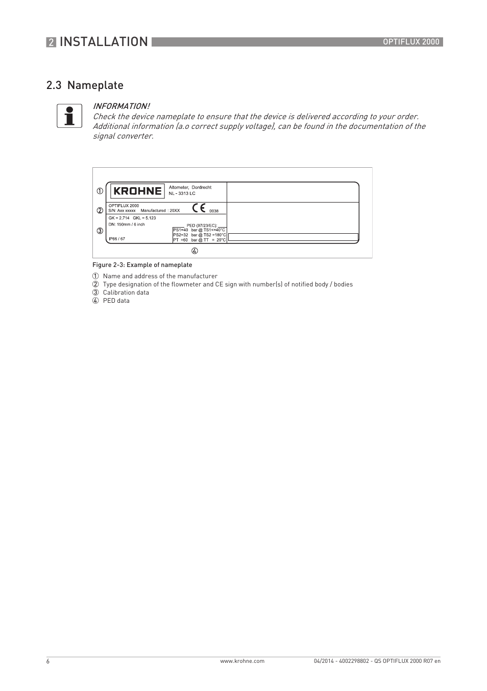 Installation, 3 nameplate | KROHNE OPTIFLUX 2000 Quickstart EN User Manual | Page 6 / 24