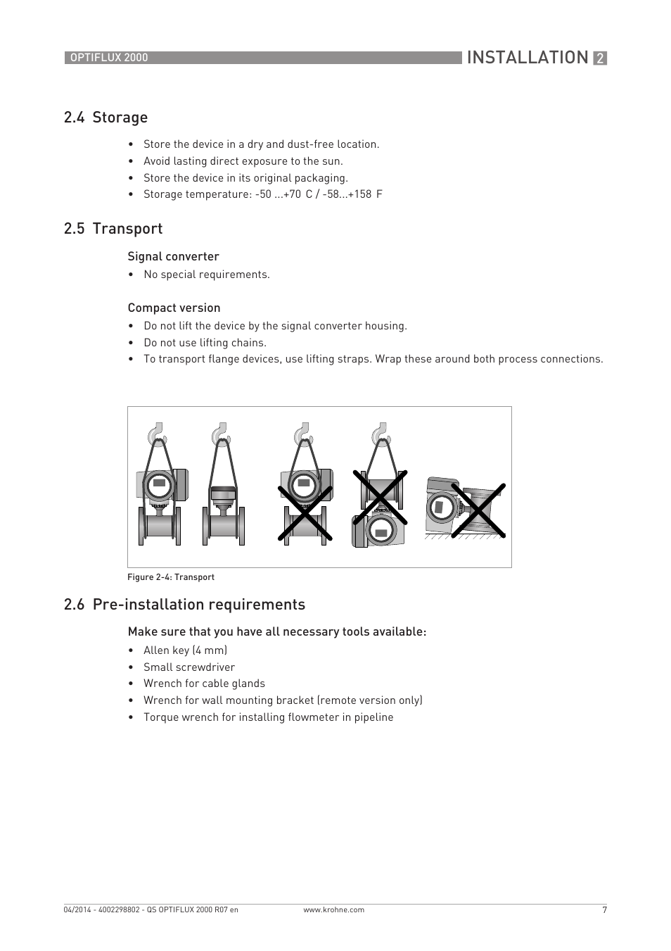 Installation, 4 storage, 5 transport | 6 pre-installation requirements | KROHNE OPTIFLUX 2000 Quickstart EN User Manual | Page 7 / 24