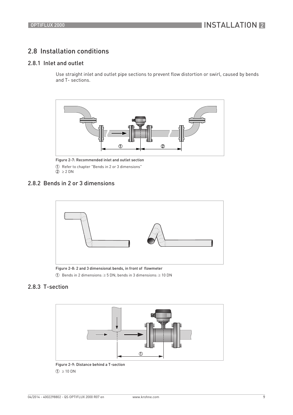Installation, 8 installation conditions, 1 inlet and outlet | KROHNE OPTIFLUX 2000 Quickstart EN User Manual | Page 9 / 24
