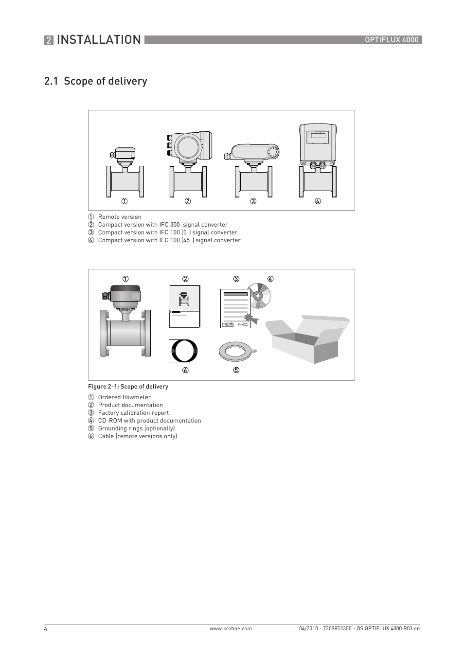 Installation, 1 scope of delivery | KROHNE OPTIFLUX 4000 Quickstart EN User Manual | Page 4 / 24