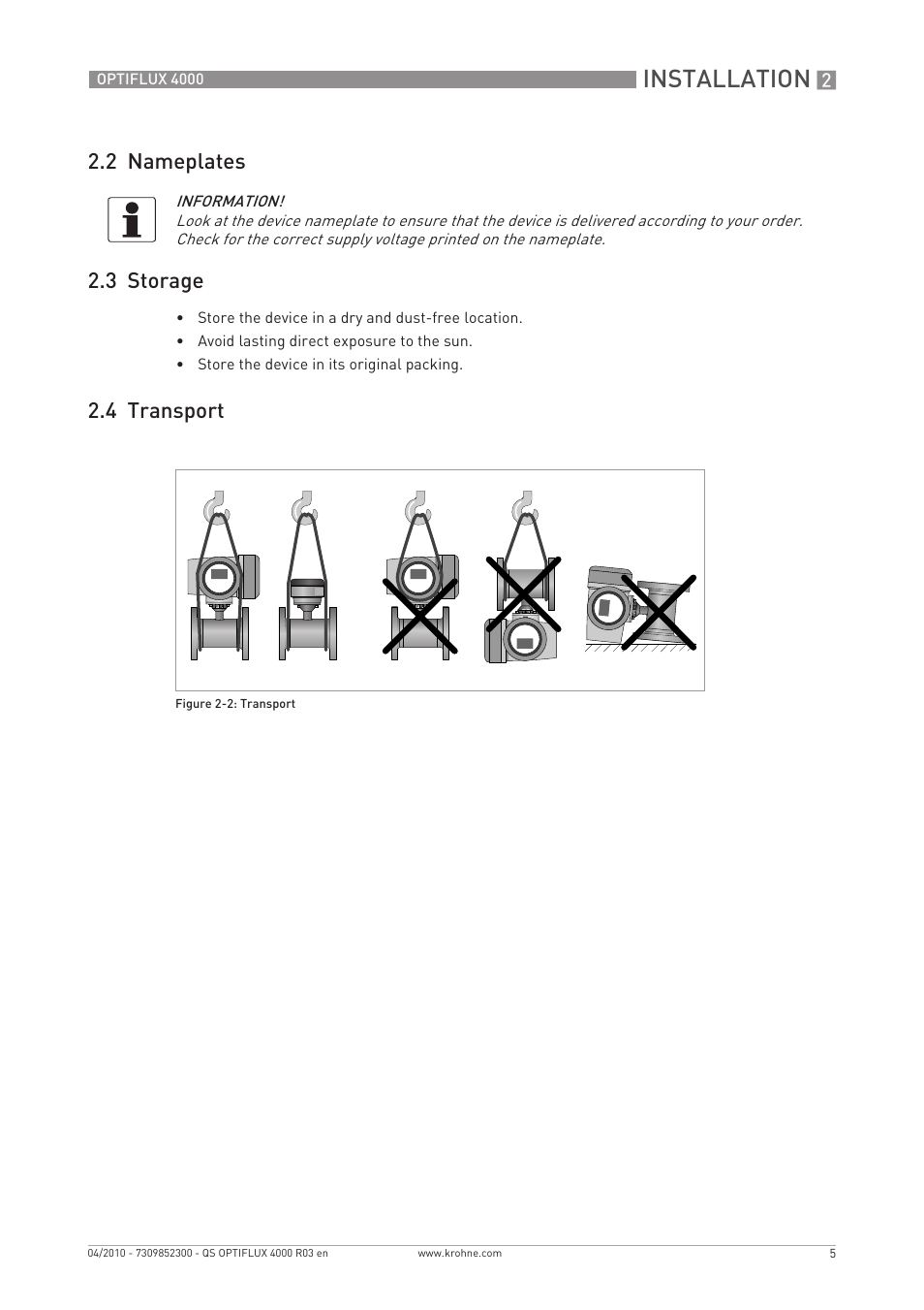 Installation, 2 nameplates 2.3 storage, 4 transport | KROHNE OPTIFLUX 4000 Quickstart EN User Manual | Page 5 / 24