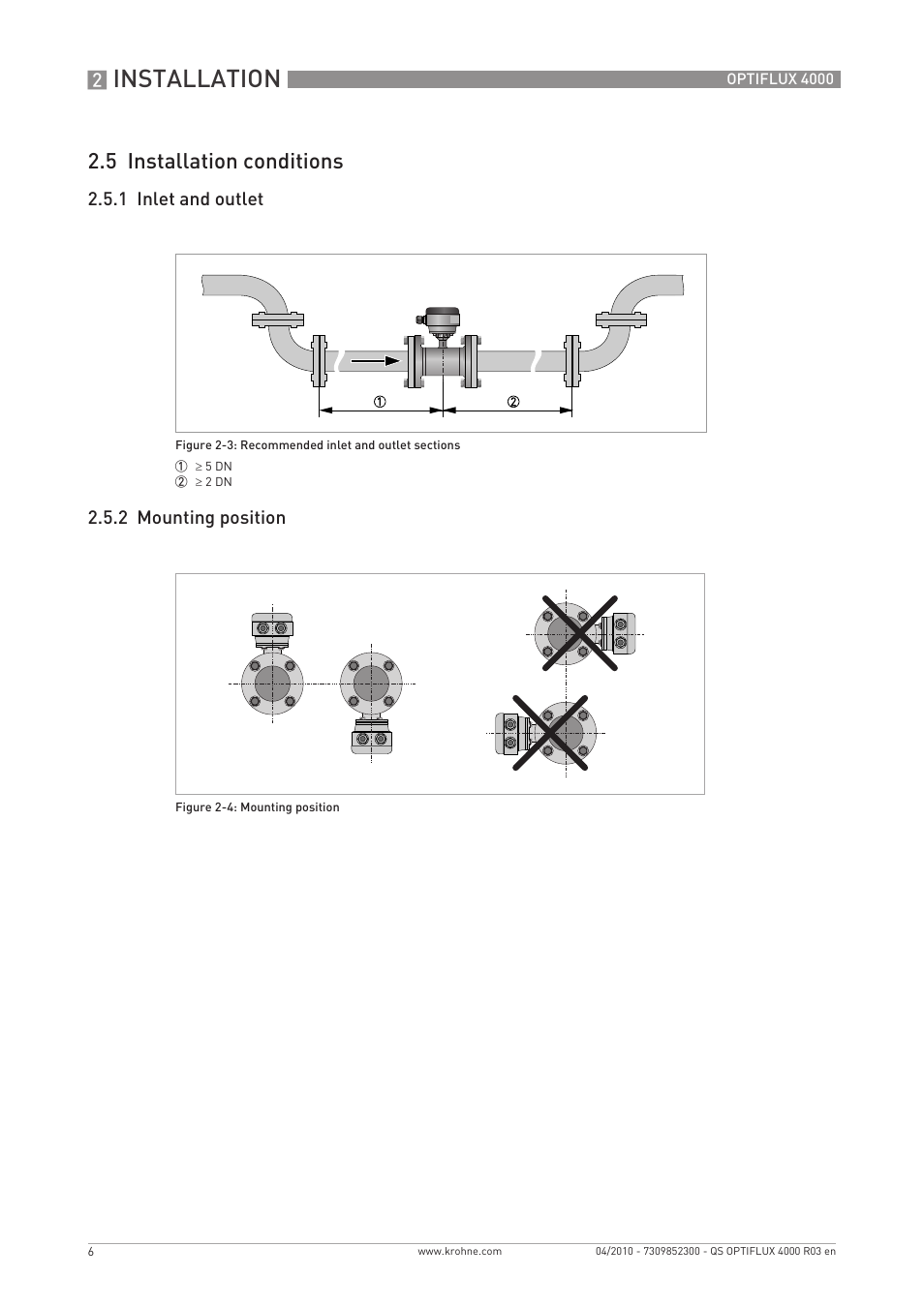 Installation, 5 installation conditions | KROHNE OPTIFLUX 4000 Quickstart EN User Manual | Page 6 / 24