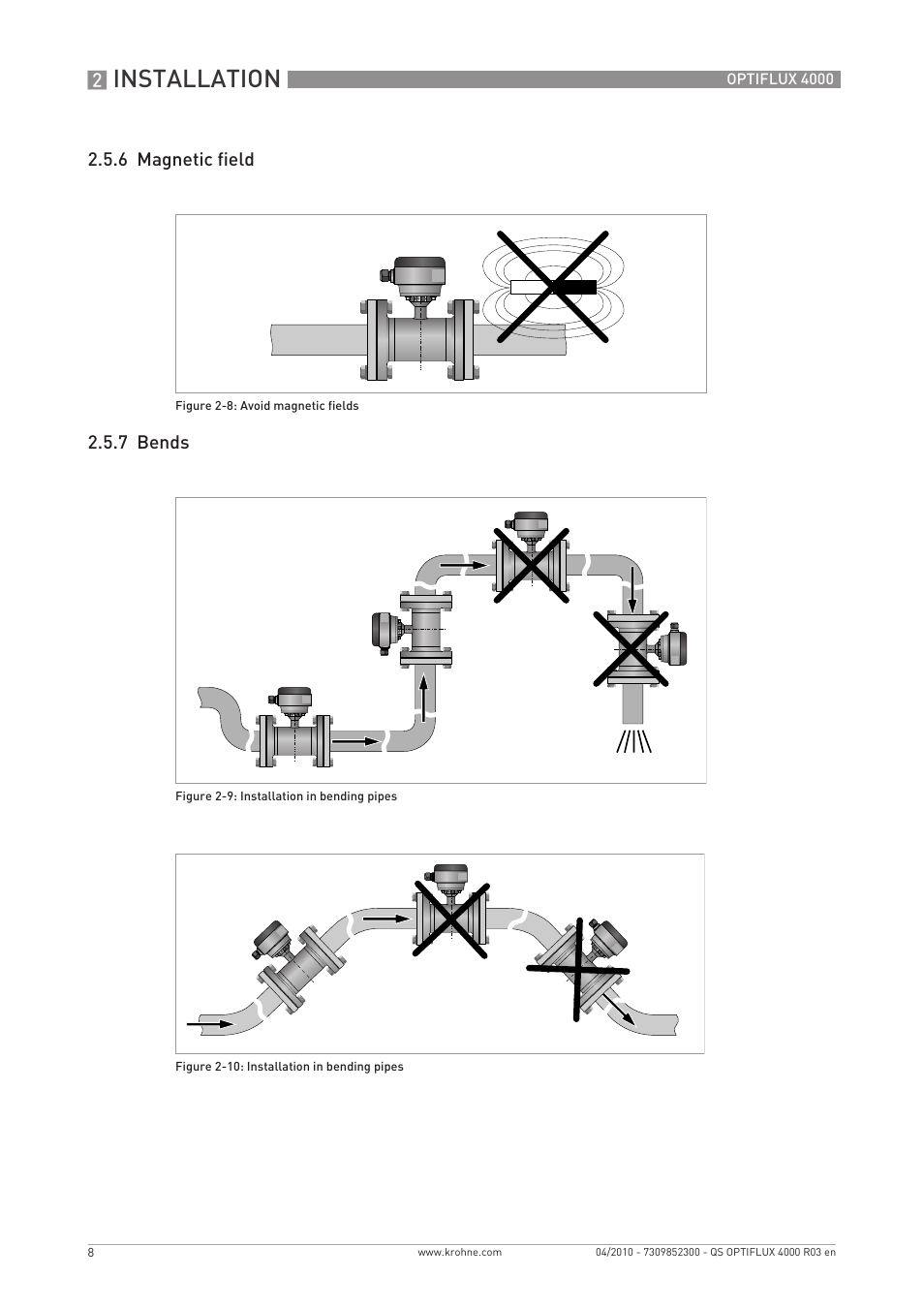 Installation, 6 magnetic field 2.5.7 bends | KROHNE OPTIFLUX 4000 Quickstart EN User Manual | Page 8 / 24