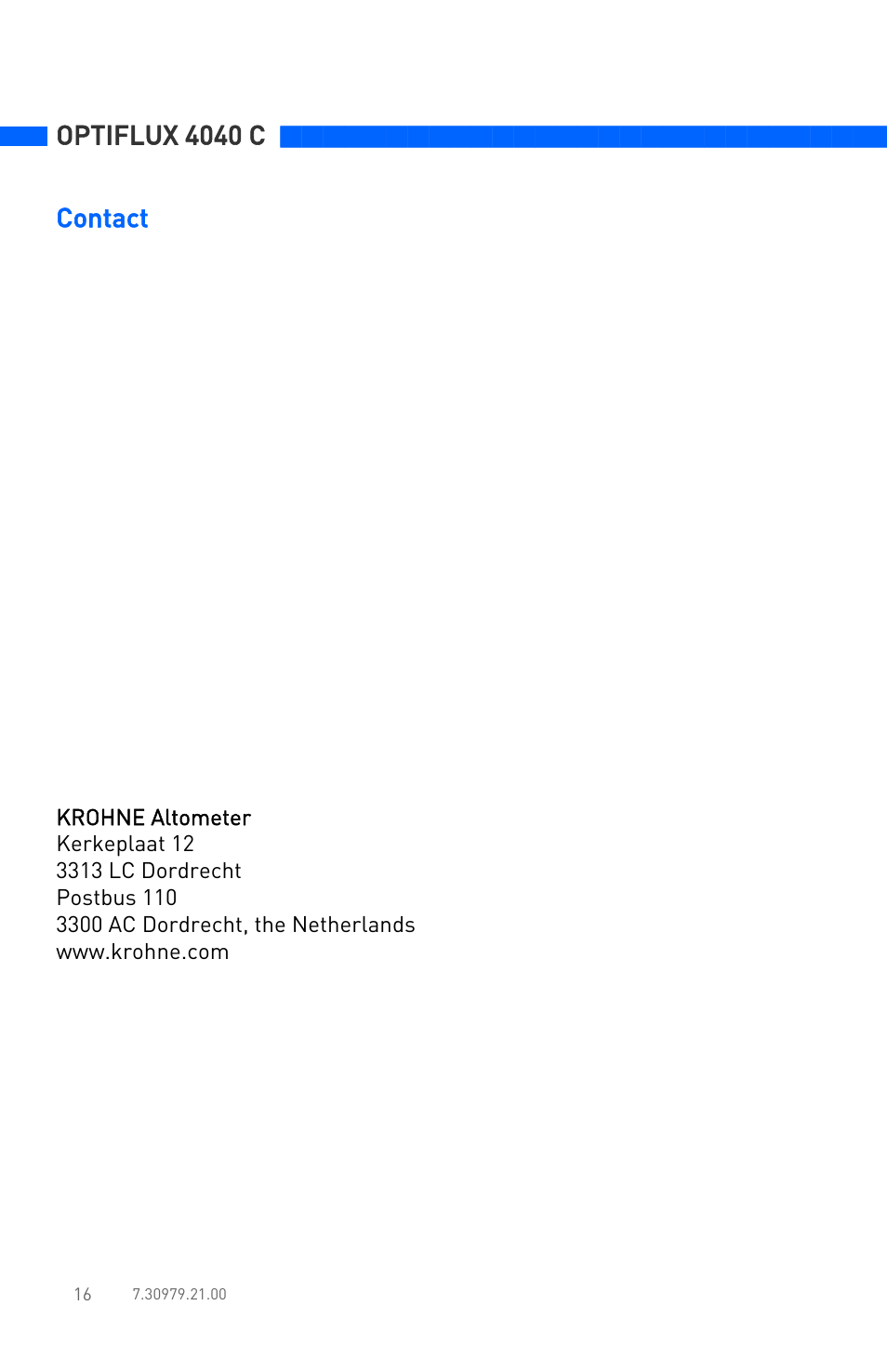 Optiflux 4040 c, Contact | KROHNE OPTIFLUX 4040C Quickstart EN User Manual | Page 16 / 16