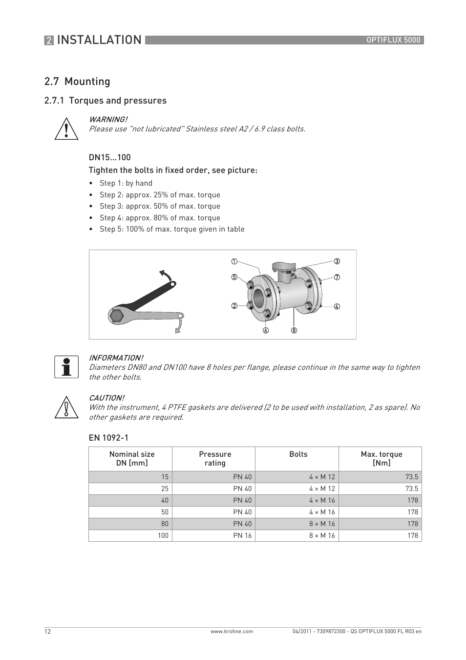 Installation, 7 mounting, 1 torques and pressures | KROHNE OPTIFLUX 5000 Flange Quickstart EN User Manual | Page 12 / 20