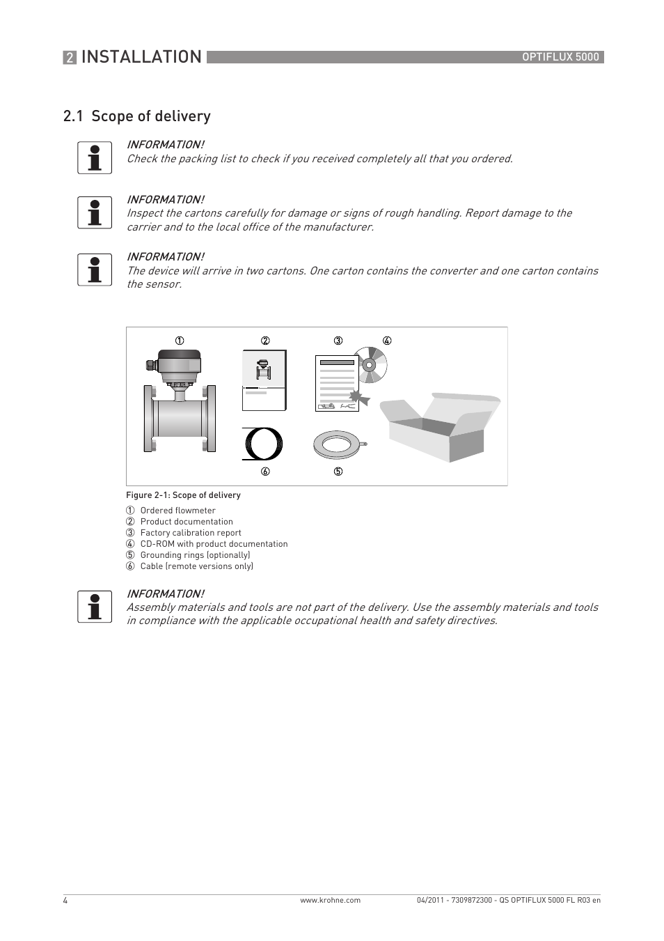 Installation, 1 scope of delivery | KROHNE OPTIFLUX 5000 Flange Quickstart EN User Manual | Page 4 / 20