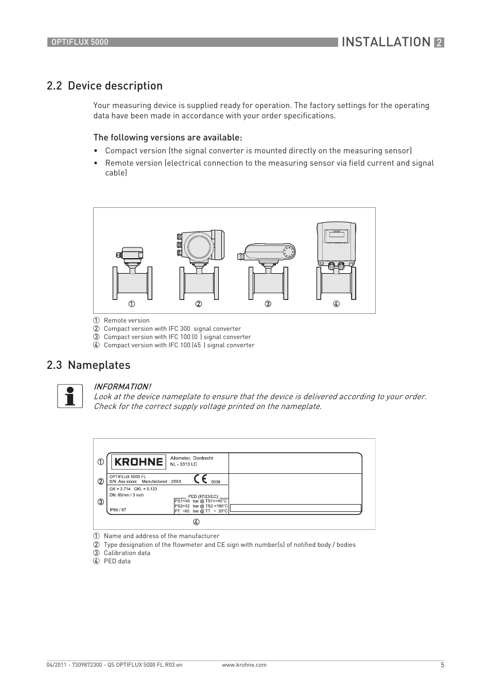 Installation, 2 device description, 3 nameplates | KROHNE OPTIFLUX 5000 Flange Quickstart EN User Manual | Page 5 / 20