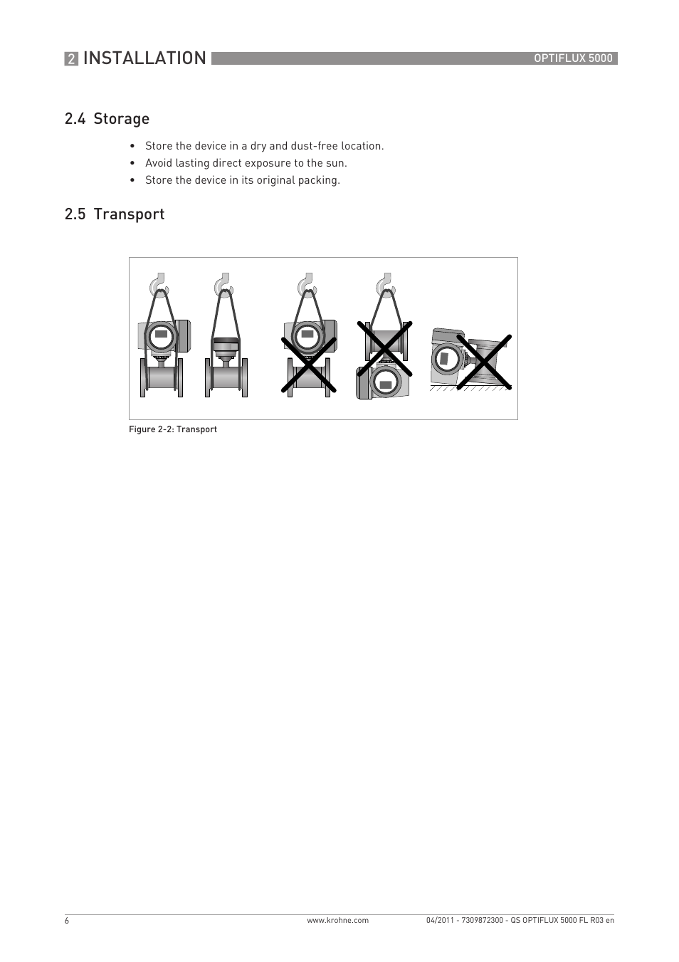 Installation, 4 storage, 5 transport | KROHNE OPTIFLUX 5000 Flange Quickstart EN User Manual | Page 6 / 20