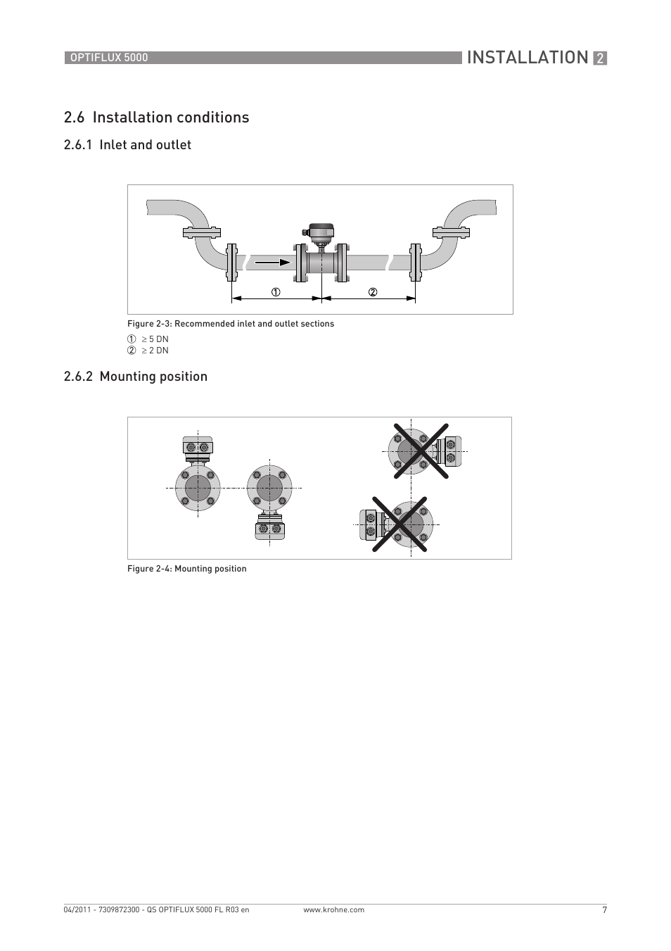 Installation, 6 installation conditions | KROHNE OPTIFLUX 5000 Flange Quickstart EN User Manual | Page 7 / 20