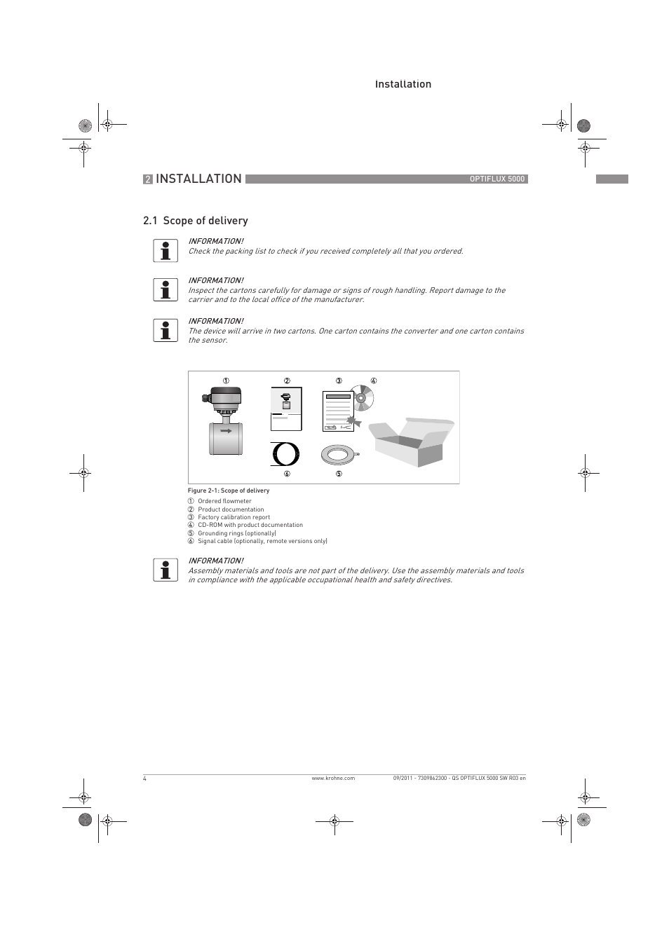 Installation, Installation 2.1 scope of delivery | KROHNE OPTIFLUX 5000 Sandwich Quickstart EN User Manual | Page 4 / 20