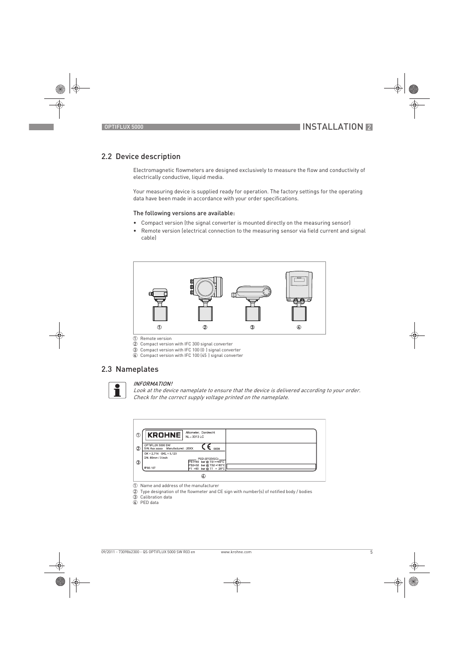 Installation, 2 device description, 3 nameplates | KROHNE OPTIFLUX 5000 Sandwich Quickstart EN User Manual | Page 5 / 20