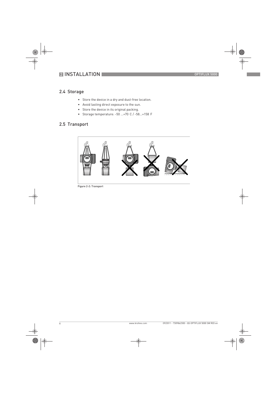 Installation, 4 storage, 5 transport | KROHNE OPTIFLUX 5000 Sandwich Quickstart EN User Manual | Page 6 / 20