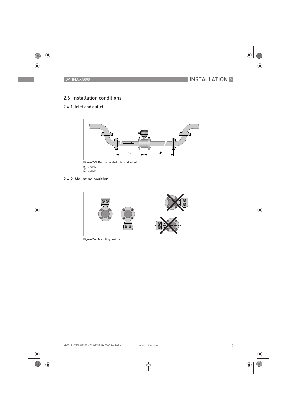 Installation, 6 installation conditions | KROHNE OPTIFLUX 5000 Sandwich Quickstart EN User Manual | Page 7 / 20