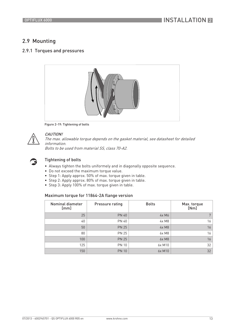 Installation, 9 mounting, 1 torques and pressures | KROHNE OPTIFLUX 6000 Quickstart EN User Manual | Page 13 / 28