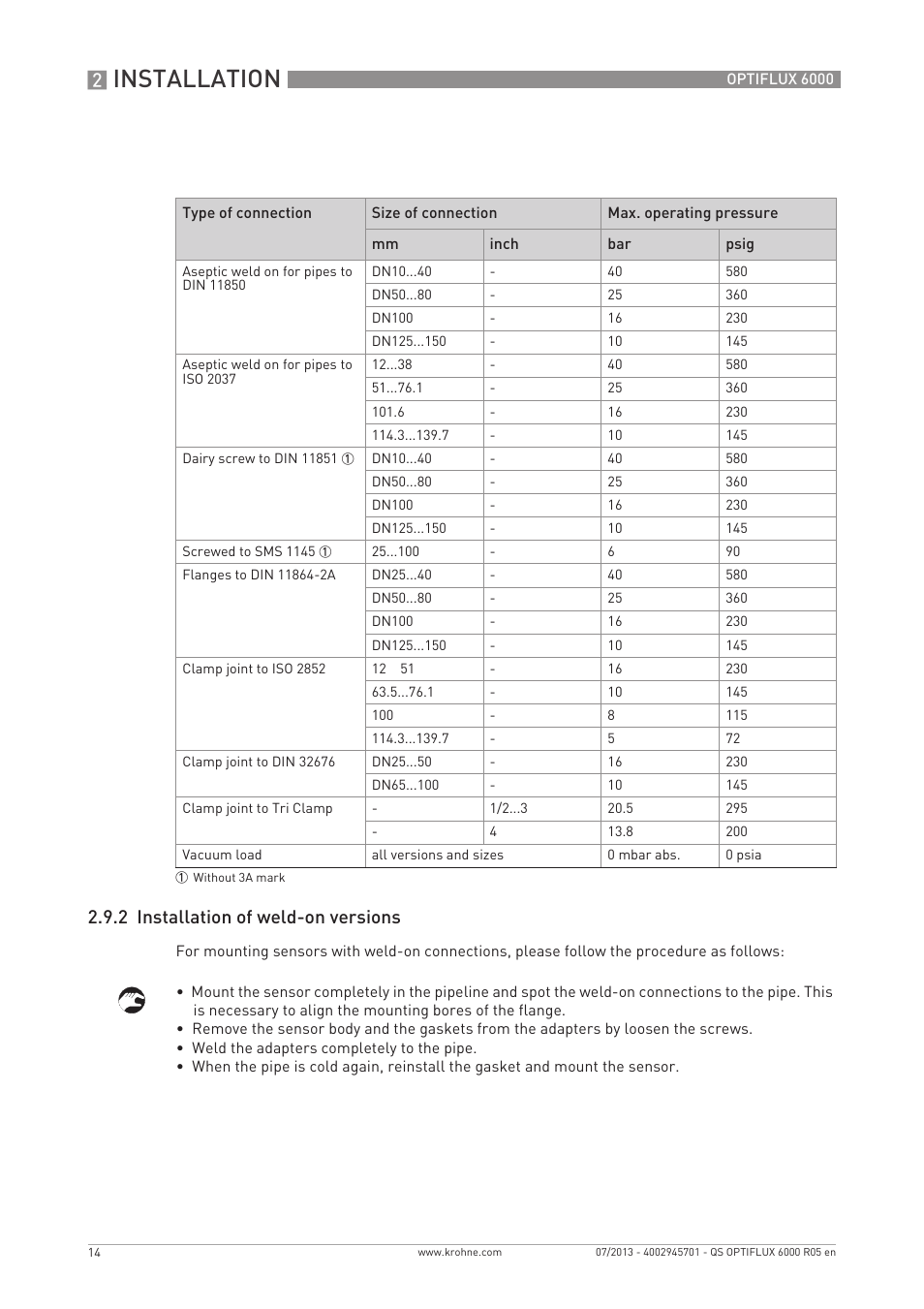 Installation, 2 installation of weld-on versions | KROHNE OPTIFLUX 6000 Quickstart EN User Manual | Page 14 / 28