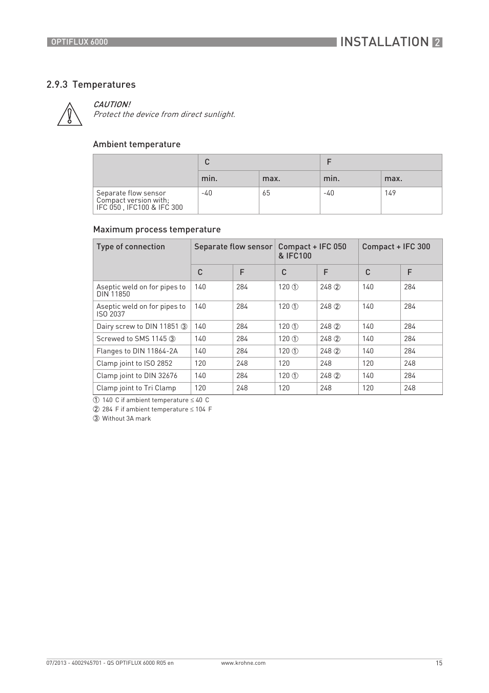 Installation, 3 temperatures | KROHNE OPTIFLUX 6000 Quickstart EN User Manual | Page 15 / 28