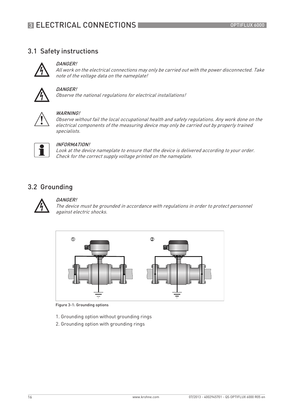 Electrical connections, 1 safety instructions 3.2 grounding | KROHNE OPTIFLUX 6000 Quickstart EN User Manual | Page 16 / 28