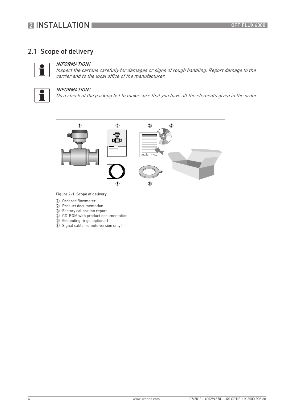 Installation, 1 scope of delivery | KROHNE OPTIFLUX 6000 Quickstart EN User Manual | Page 4 / 28