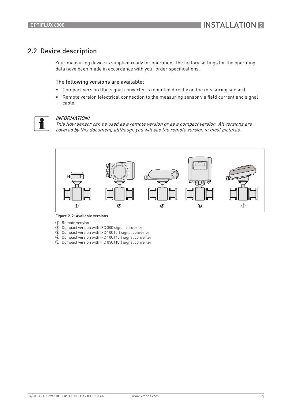 Installation, 2 device description | KROHNE OPTIFLUX 6000 Quickstart EN User Manual | Page 5 / 28