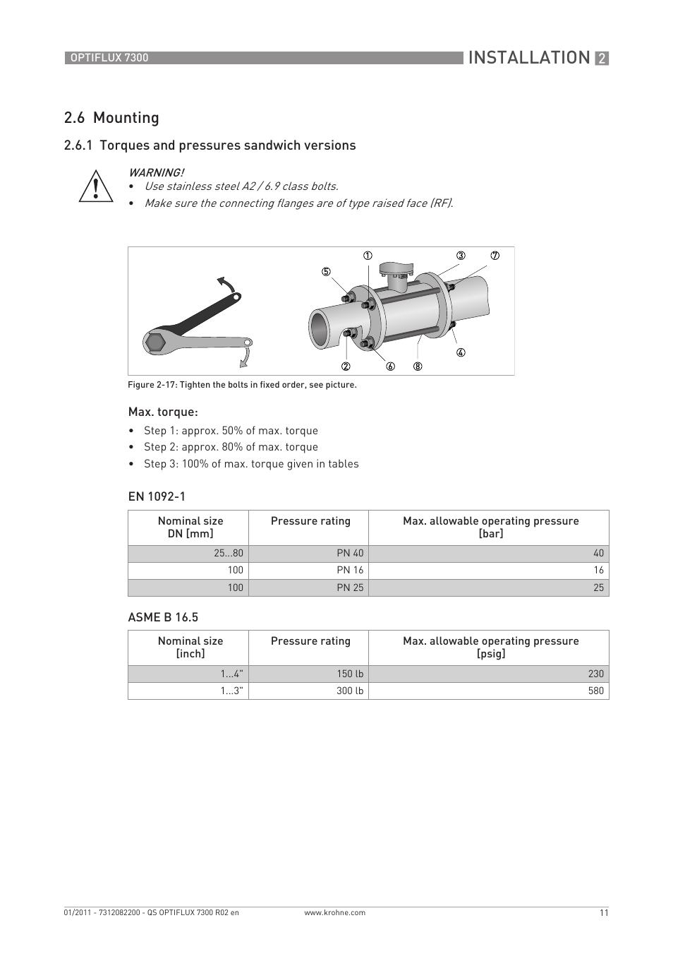 Installation, 6 mounting, 1 torques and pressures sandwich versions | KROHNE OPTIFLUX 7300 Quickstart EN User Manual | Page 11 / 24