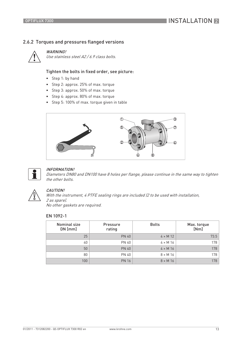 Installation, 2 torques and pressures flanged versions | KROHNE OPTIFLUX 7300 Quickstart EN User Manual | Page 13 / 24