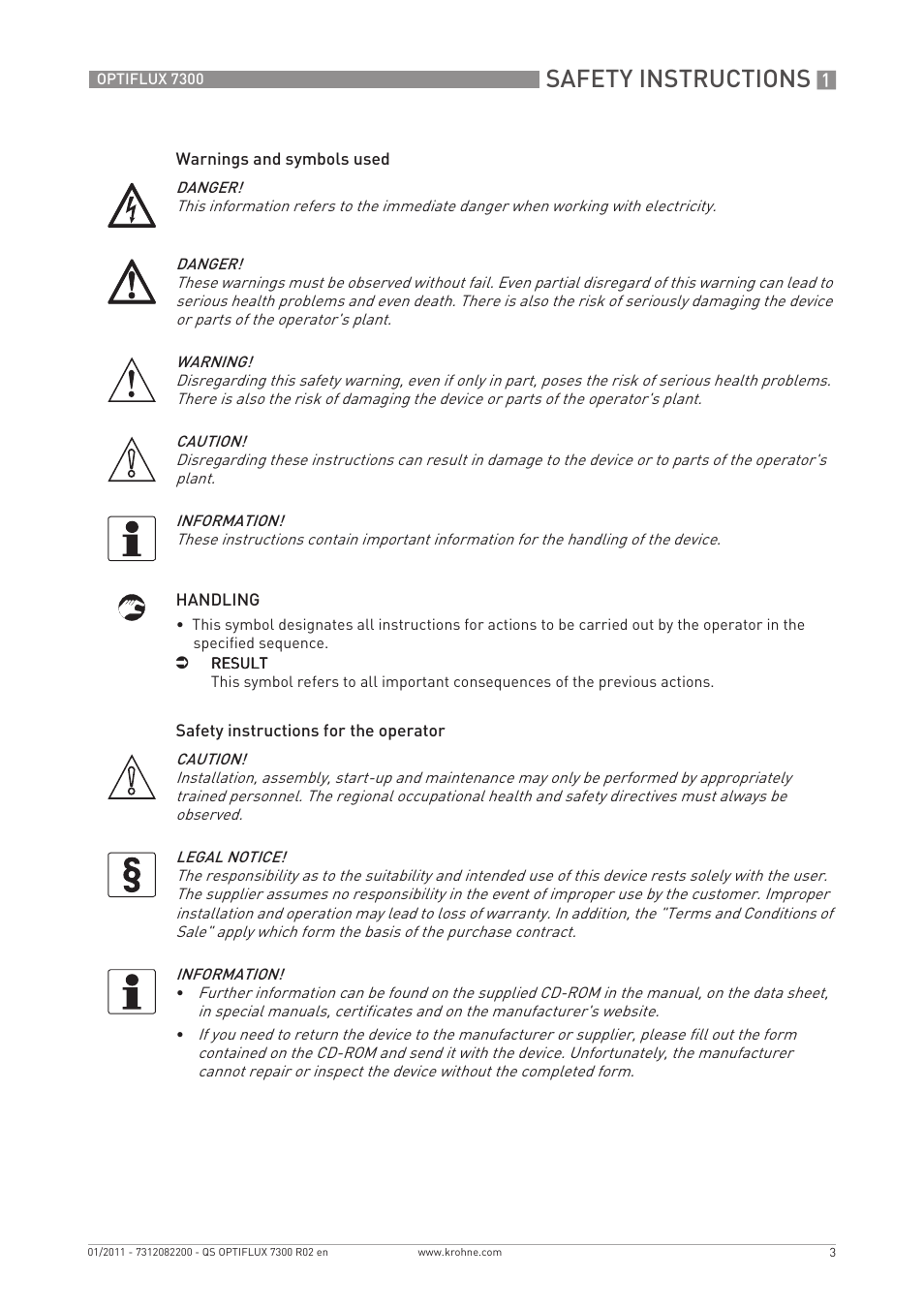 Safety instructions | KROHNE OPTIFLUX 7300 Quickstart EN User Manual | Page 3 / 24