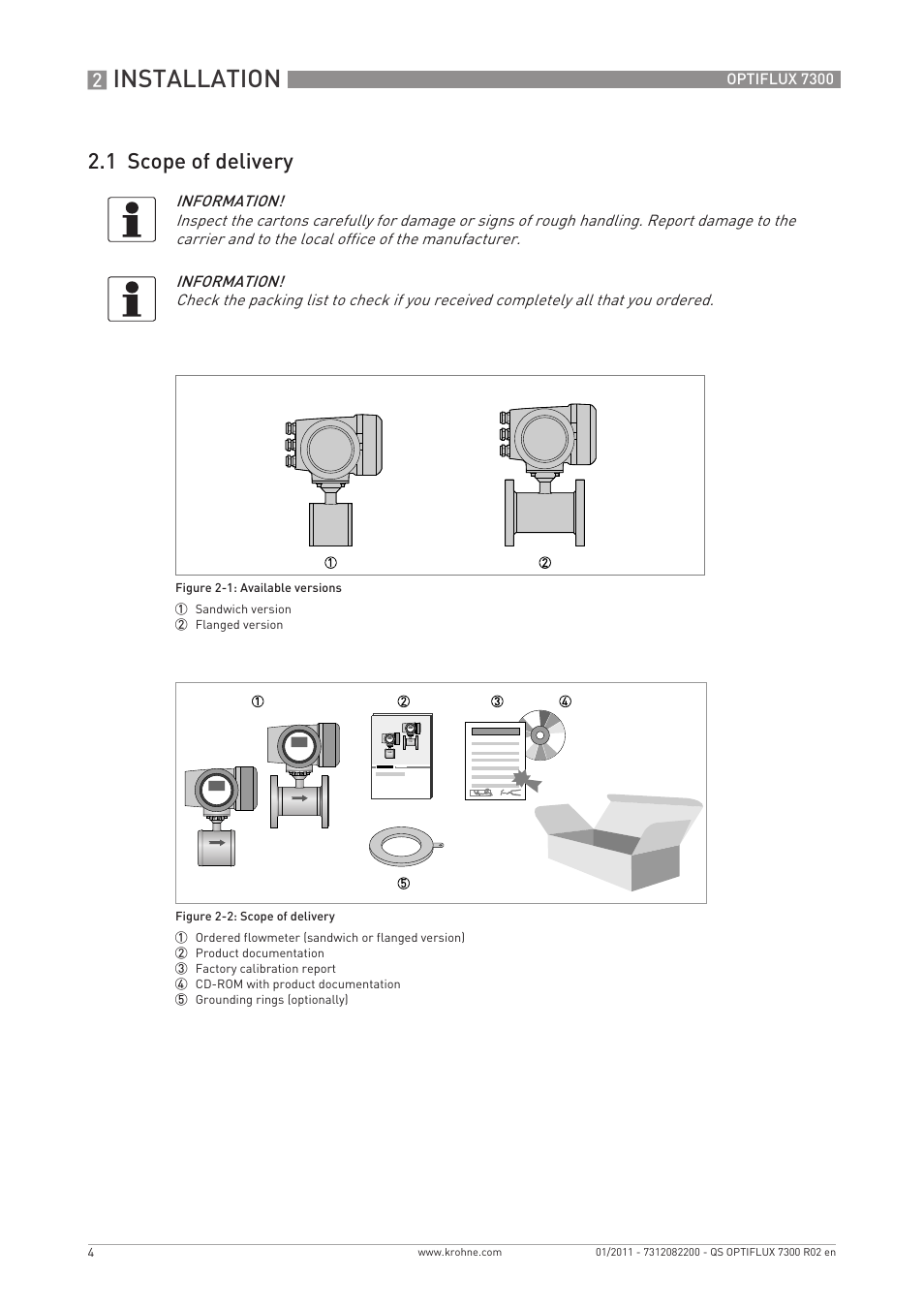 Installation, 1 scope of delivery | KROHNE OPTIFLUX 7300 Quickstart EN User Manual | Page 4 / 24
