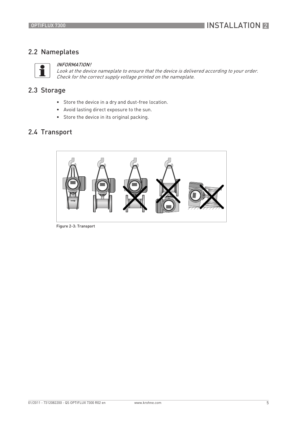 Installation, 2 nameplates 2.3 storage, 4 transport | KROHNE OPTIFLUX 7300 Quickstart EN User Manual | Page 5 / 24