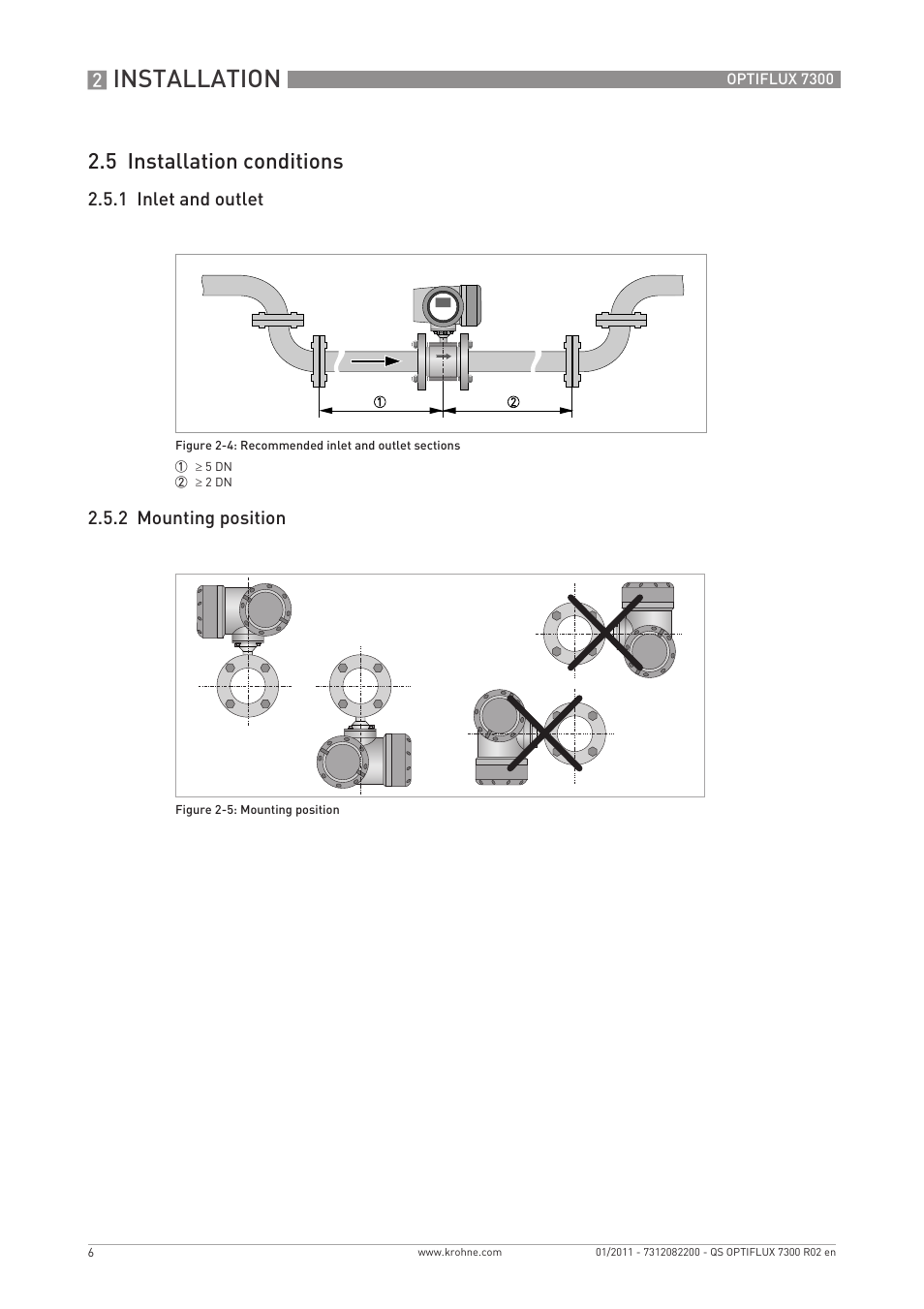 Installation, 5 installation conditions | KROHNE OPTIFLUX 7300 Quickstart EN User Manual | Page 6 / 24