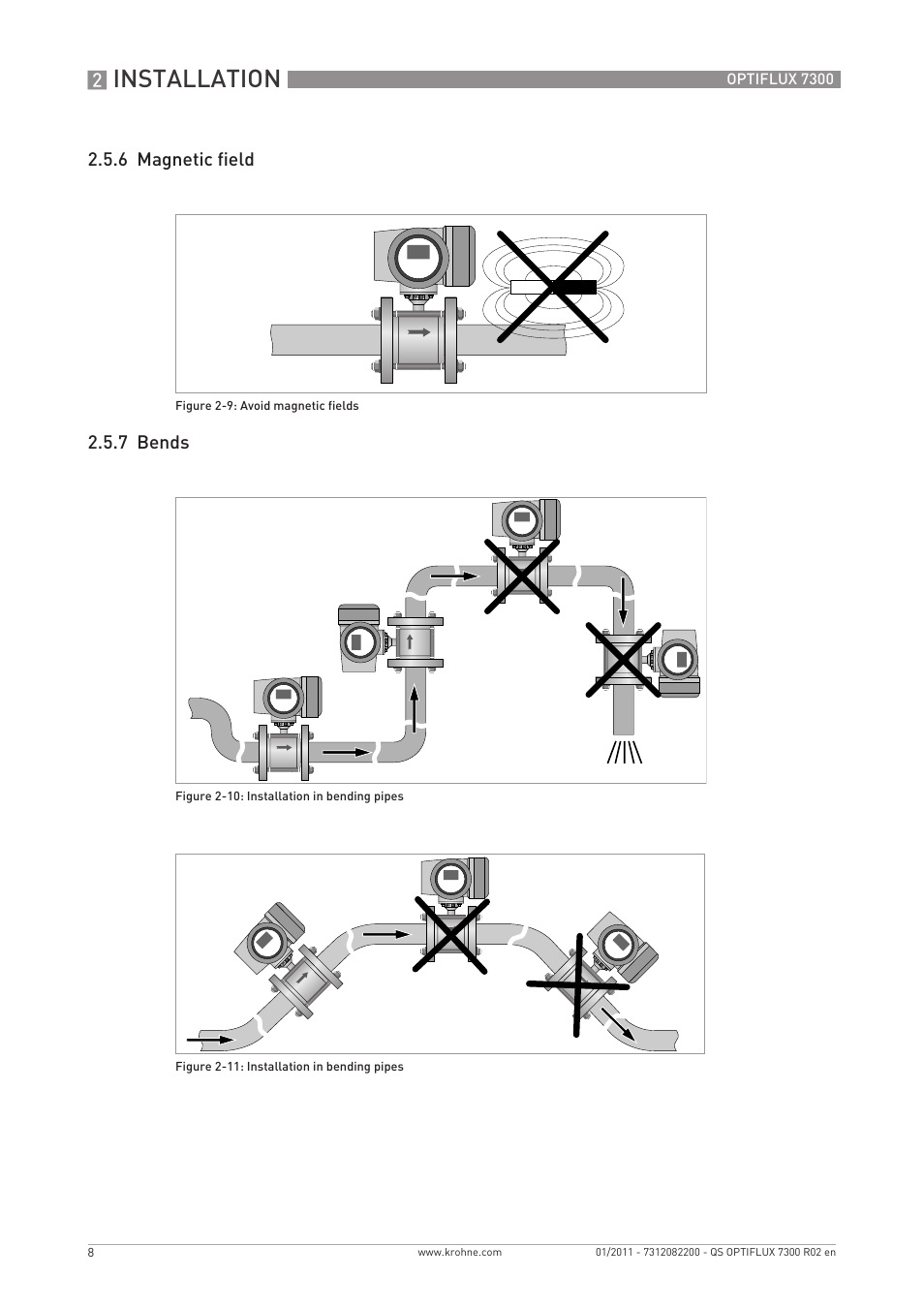 Installation, 6 magnetic field 2.5.7 bends | KROHNE OPTIFLUX 7300 Quickstart EN User Manual | Page 8 / 24