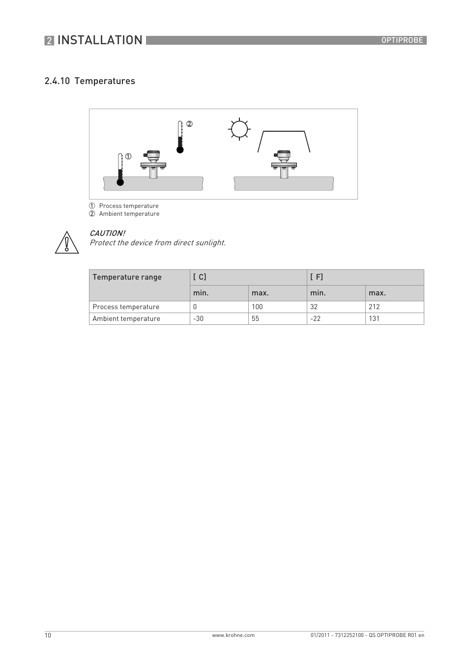 Installation, 10 temperatures | KROHNE OPTIPROBE Quickstart EN User Manual | Page 10 / 16