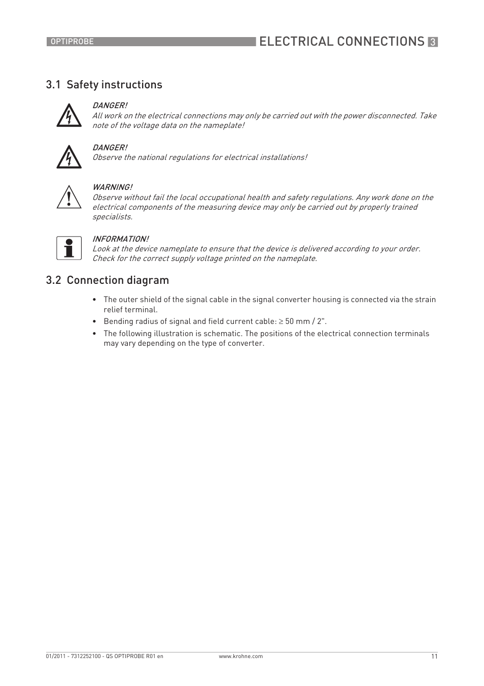 Electrical connections, 1 safety instructions 3.2 connection diagram | KROHNE OPTIPROBE Quickstart EN User Manual | Page 11 / 16