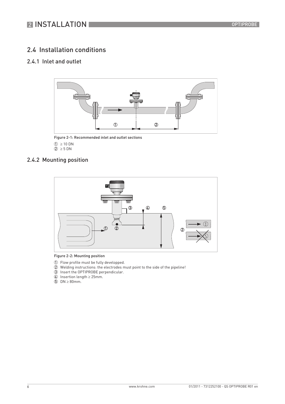 Installation, 4 installation conditions, 1 inlet and outlet 2.4.2 mounting position | KROHNE OPTIPROBE Quickstart EN User Manual | Page 6 / 16