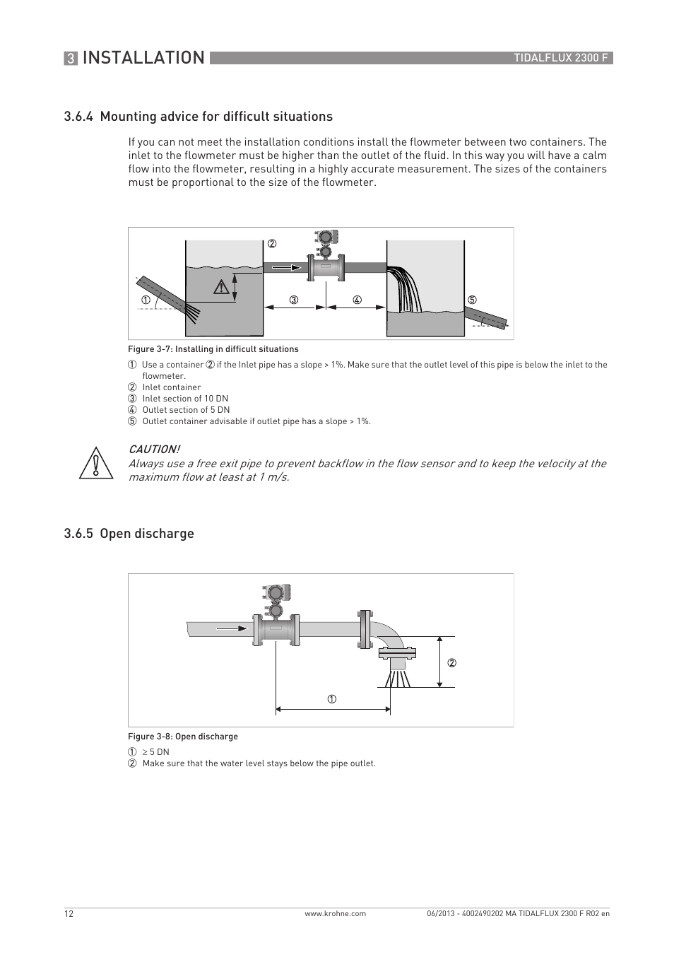 Installation, 4 mounting advice for difficult situations, 5 open discharge | KROHNE TIDALFLUX 2300 F EN User Manual | Page 12 / 44