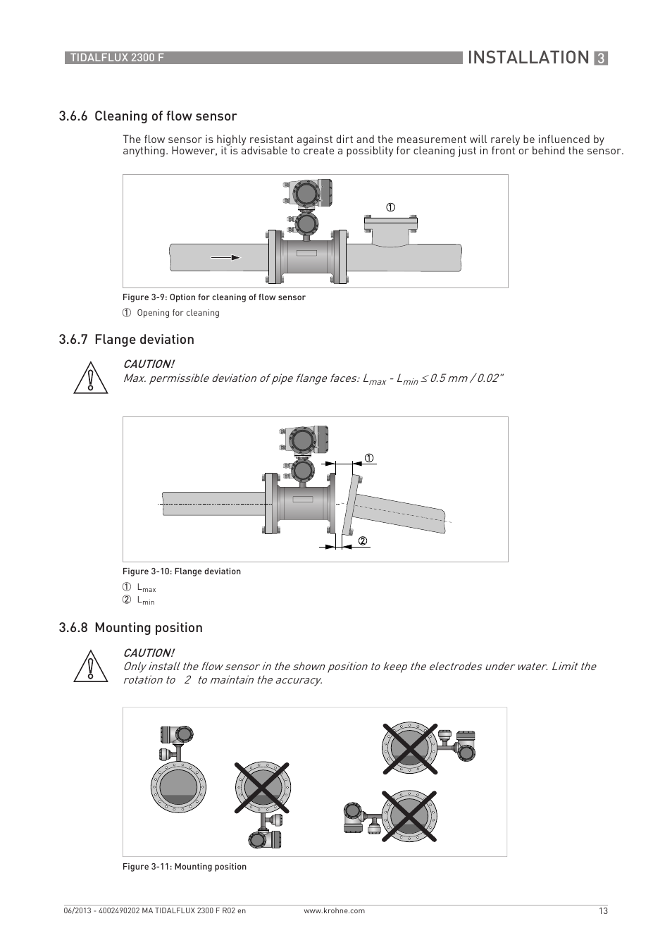 Installation, 6 cleaning of flow sensor, 7 flange deviation 3.6.8 mounting position | KROHNE TIDALFLUX 2300 F EN User Manual | Page 13 / 44