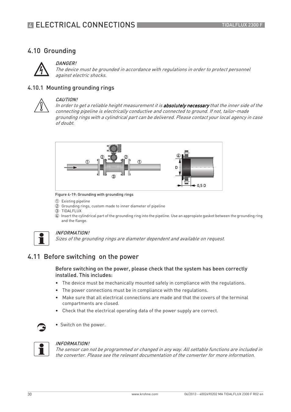 Electrical connections, 10 grounding, 11 before switching on the power | KROHNE TIDALFLUX 2300 F EN User Manual | Page 30 / 44